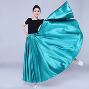Spanish Skirt - Satin Long Dance Flamenco Skirts with Elastic Waist Big Swing Hem for Belly Dancing - DancerInn  