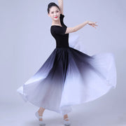 Flamenco Practice Skirt – Gradient Polyester Spanish Dance Skirts Big Hem Long Skirt for Dancing - DancerInn 33.00 Black-White / L / 720°