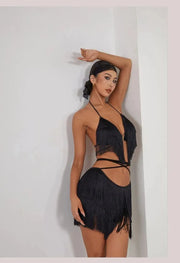 Women Halter Neck Latin Dance Bra Top with Waterfall Fringe Ergonomic Support Hollow Back - DancerInn