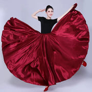 Spanish Skirt - Satin Long Dance Flamenco Skirts with Elastic Waist Big Swing Hem for Belly Dancing - DancerInn wine red / XL / 720° 38.52