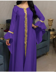 Loose Muslim Arabic Islamic Kaftan Dresses with Golden Ribbon Embroidery for Women - DancerInn