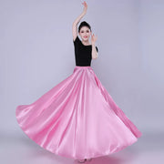 Spanish Skirt - Satin Long Dance Flamenco Skirts with Elastic Waist Big Swing Hem for Belly Dancing - DancerInn  