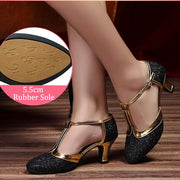 Latin American Dancing Shoes for Woman with Glitter Upper T-Strap for Salsa Rumba Tango - DancerInn 44.29 5.5cm rubber black / US 8/EU 42