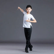 Boys Dance Costumes Suits - Black & White V-Neck Latin Ballroom Tango Salsa Outfits for Kids - DancerInn White-2 / 170cm