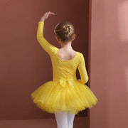 Long Sleeve Ballet Leotard with Skirt for Girls Toddler Kids Gymnastics Tutu Dress - DancerInn Yellow Long Sleeve / XXL