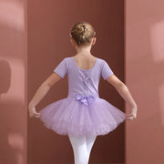 Long Sleeve Ballet Leotard with Skirt for Girls Toddler Kids Gymnastics Tutu Dress - DancerInn Purple Short Sleeve / XXL