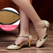 Latin American Dancing Shoes for Woman with Glitter Upper T-Strap for Salsa Rumba Tango - DancerInn 44.29 6.5cm rubber gold / US 8/EU 42