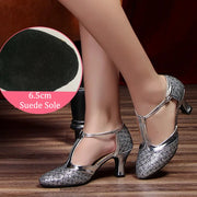 Latin American Dancing Shoes for Woman with Glitter Upper T-Strap for Salsa Rumba Tango - DancerInn 44.29 6.5cm suede silver / US 8/EU 42
