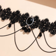 Gothic Choker Necklace with Crystal Beads - Vintage Black Lace Collar Necklace, Boho Victorian Goth Style - DancerInn 