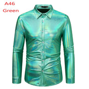 70s Disco Shirt Mens Performance Shirt – Shiny Sequin Long Sleeve Latin Ballroom Top for Party, Dance, Nightclub & Stage - DancerInn A46-Green-XXL