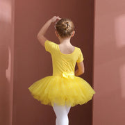 Long Sleeve Ballet Leotard with Skirt for Girls Toddler Kids Gymnastics Tutu Dress - DancerInn Yellow Short Sleeve / XXL