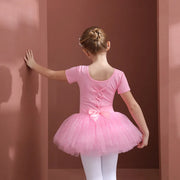 Long Sleeve Ballet Leotard with Skirt for Girls Toddler Kids Gymnastics Tutu Dress - DancerInn Pink Short Sleeve / XXL