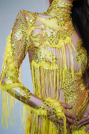 rhinestone fringe bodysuit for women
