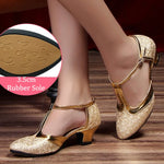 Latin American Dancing Shoes for Woman with Glitter Upper T-Strap for Salsa Rumba Tango - DancerInn 44.29 3.5cm rubber gold / US 8/EU 42 - 35059619659959 - 35059619659959
