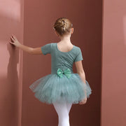 Long Sleeve Ballet Leotard with Skirt for Girls Toddler Kids Gymnastics Tutu Dress - DancerInn Green Short Sleeve / XXL