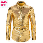 70s Disco Shirt Mens Performance Shirt – Shiny Sequin Long Sleeve Latin Ballroom Top for Party, Dance, Nightclub & Stage - DancerInn A45-Gold-XXL