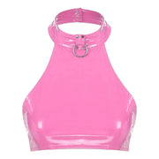 Women's Pole Dancing Costume Glossy Sleeveless T-Shirt Halter Neck Latin Bralette Crop Tops - DancerInn