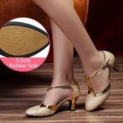 Latin American Dancing Shoes for Woman with Glitter Upper T-Strap for Salsa Rumba Tango - DancerInn 44.29 5.5cm rubber gold / US 8/EU 42