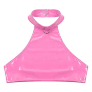 Women's Pole Dancing Costume Glossy Sleeveless T-Shirt Halter Neck Latin Bralette Crop Tops - DancerInn