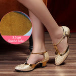 Latin American Dancing Shoes for Woman with Glitter Upper T-Strap for Salsa Rumba Tango - DancerInn 44.29 3.5cm suede gold / US 8/EU 42 - 35059619463351 - 35059619463351