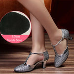 Latin American Dancing Shoes for Woman with Glitter Upper T-Strap for Salsa Rumba Tango - DancerInn 44.29 5.5cm suede silver / US 8/EU 42 - 35059620053175 - 35059620053175
