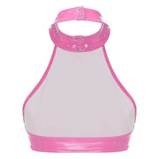 Women's Pole Dancing Costume Glossy Sleeveless T-Shirt Halter Neck Latin Bralette Crop Tops - DancerInn