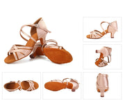 Ballroom Dance Shoes Women - Satin Mid High Heel Suede Sole Dancing Sneaker for Latin Bachata Jazz
