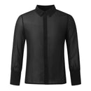 Camicia da ballo da uomo in rete trasparente a maniche lunghe con bottoni, ideale per esibizioni sul palco e balli latino-americani. - Nero / S