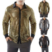 1970s Mens Disco Shirt – Long Sleeve Vintage Performance Men Sequin Shirt for Party, Dance, and Club - DancerInn 