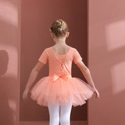Long Sleeve Ballet Leotard with Skirt for Girls Toddler Kids Gymnastics Tutu Dress - DancerInn Orange Short Sleeve / XXL