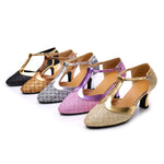 Latin American Dancing Shoes for Woman with Glitter Upper T-Strap for Salsa Rumba Tango - DancerInn   - 35059619266743 - 35059619266743