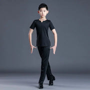 Boys Dance Costumes Suits - Black & White V-Neck Latin Ballroom Tango Salsa Outfits for Kids - DancerInn Black-1 / 170cm