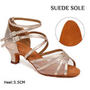 Tanzschuhe für lateinamerikanische Damen, PU-Leder, Wildledersohle, Tanzabsätze für Salsa, Tango, Rumba, Bachata - Champagnerfarbener Schuh, 5,5 cm Absatz, Wildledersohle / US 4,5/EU 34