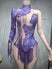 PURPLE / S - Rhinestone Fringe Bodysuit for Women Sheer Mesh Sequin Leotard Stage Performance Showgirl Dance Costume