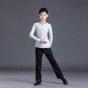 Boys Dance Costumes Suits - Black & White V-Neck Latin Ballroom Tango Salsa Outfits for Kids - DancerInn White-1 / 170cm