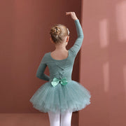 Long Sleeve Ballet Leotard with Skirt for Girls Toddler Kids Gymnastics Tutu Dress - DancerInn Green Long Sleeve / XXL