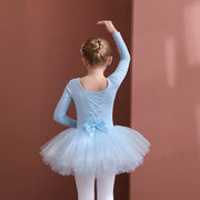 Long Sleeve Ballet Leotard with Skirt for Girls Toddler Kids Gymnastics Tutu Dress - DancerInn Blue Long Sleeve / XXL