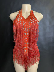 dance leotard with fringe and rhinestones