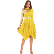 Modern Lyrical Dance Costume: Long Sleeve Worship Dress with Asymmetrical Design for Women - DancerInn