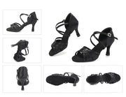 Ballroom Dance Shoes Women - Satin Mid High Heel Suede Sole Dancing Sneaker for Latin Bachata Jazz