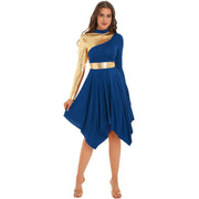 Modern Lyrical Dance Costume: Long Sleeve Worship Dress with Asymmetrical Design for Women - DancerInn