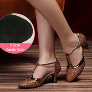 Latin American Dancing Shoes for Woman with Glitter Upper T-Strap for Salsa Rumba Tango - DancerInn 44.29 5.5cm suede coffee / US 8/EU 42