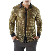 1970s Mens Disco Shirt – Long Sleeve Vintage Performance Men Sequin Shirt for Party, Dance, and Club - DancerInn Gold-XXXL