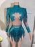 blue 2 / S - Rhinestone Fringe Bodysuit for Women Sheer Mesh Sequin Leotard Stage Performance Showgirl Dance Costume
