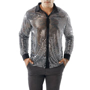 1970s Mens Disco Shirt – Long Sleeve Vintage Performance Men Sequin Shirt for Party, Dance, and Club - DancerInn Silver-XXXL
