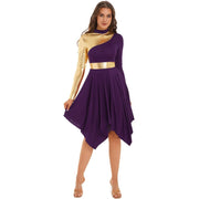 Modern Lyrical Dance Costume: Long Sleeve Worship Dress with Asymmetrical Design for Women - DancerInn