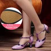 Latin American Dancing Shoes for Woman with Glitter Upper T-Strap for Salsa Rumba Tango - DancerInn 44.29 6.5cm rubber purple / US 8/EU 42