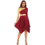 Modern Lyrical Dance Costume: Long Sleeve Worship Dress with Asymmetrical Design for Women - DancerInn
