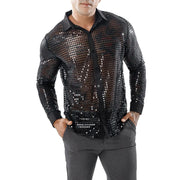 1970s Mens Disco Shirt – Long Sleeve Vintage Performance Men Sequin Shirt for Party, Dance, and Club - DancerInn Black-XXXL