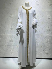 Loose Muslim Arabic Islamic Kaftan Dresses with Golden Ribbon Embroidery for Women - DancerInn